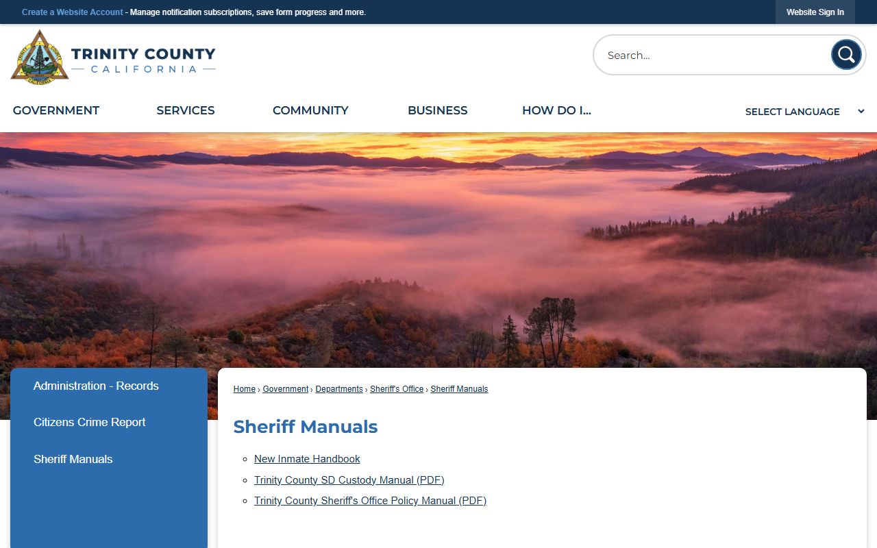 Trinity County inmate records manuals for jail intake and custody rules
