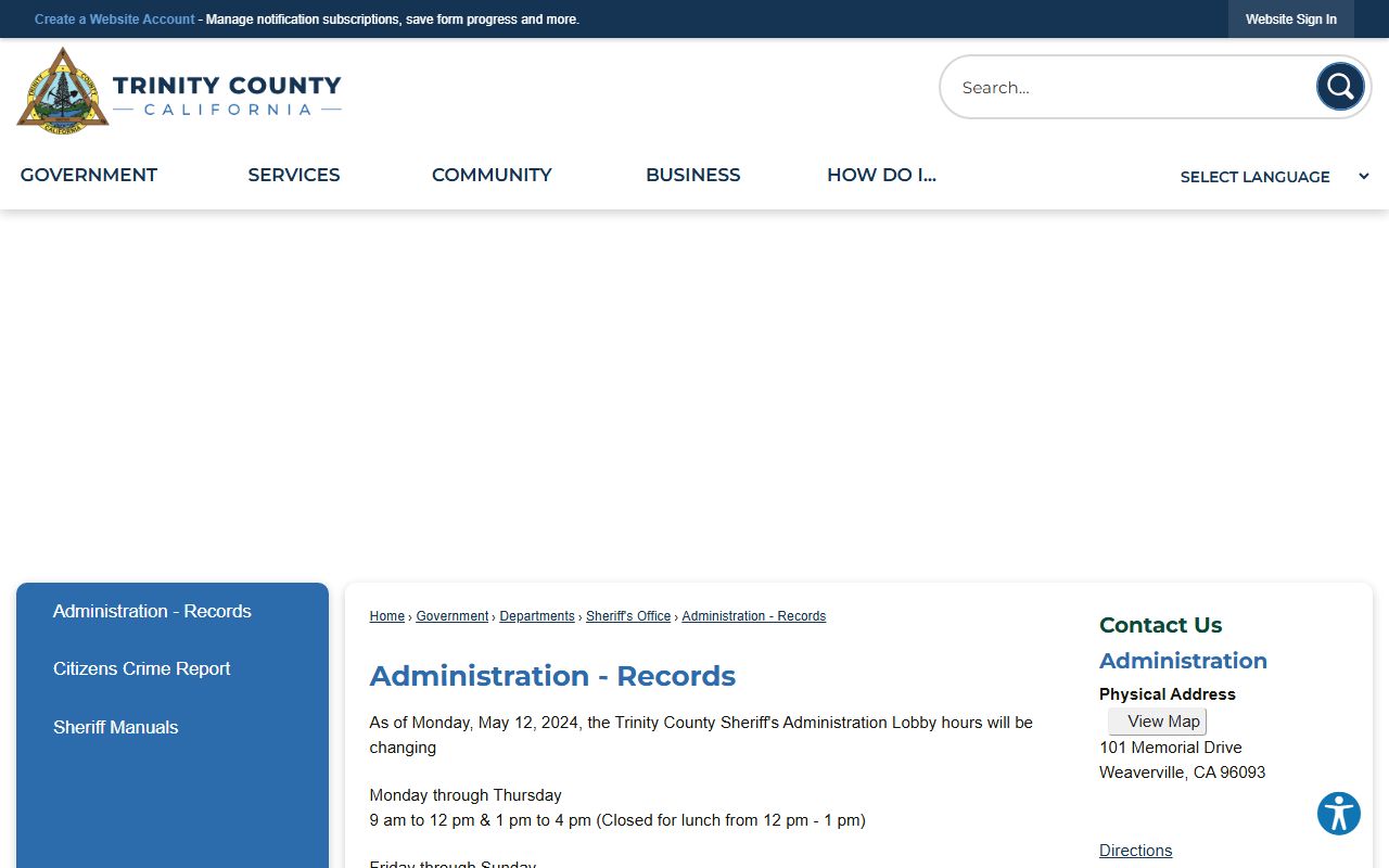 Trinity County Sheriff's Records page for inmate population records access